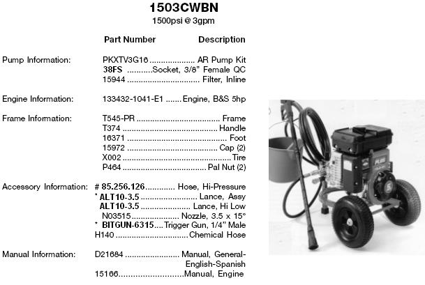 EXCELL Pressure washer model 1503cwbn (AR) REPLACEMENT PARTS